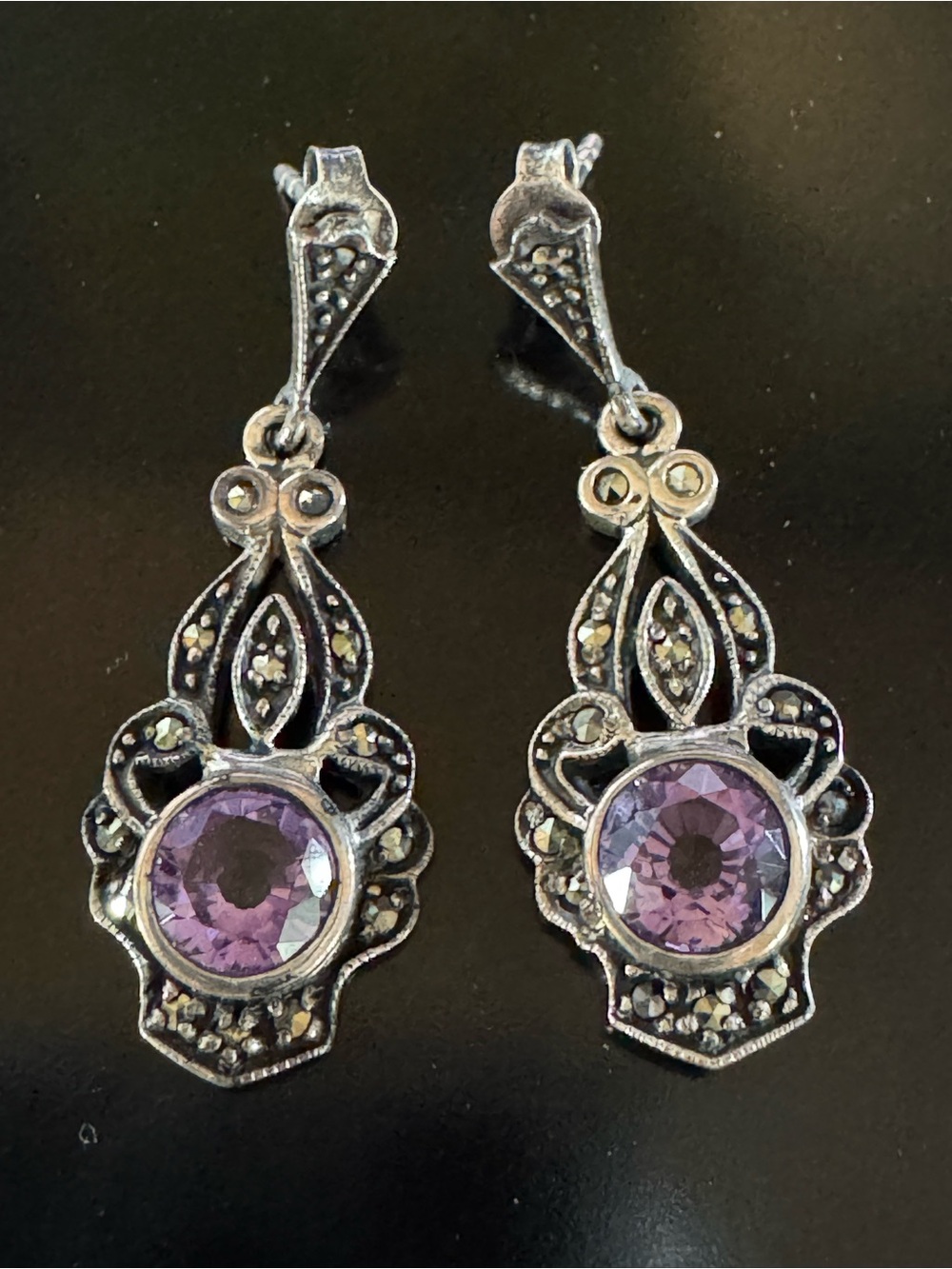 Vintage Sterling Silver Amethyst & Marcasite Dangle Earrings - Art Deco